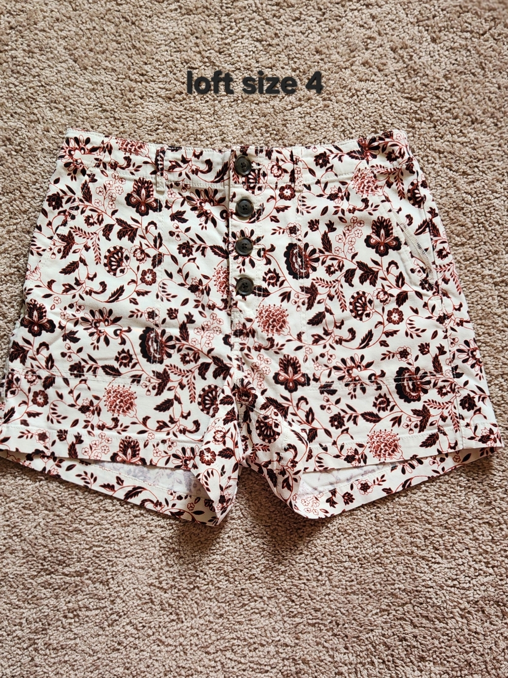 LOFT High-Waist Button-Front Floral Shorts in Cream and Brown